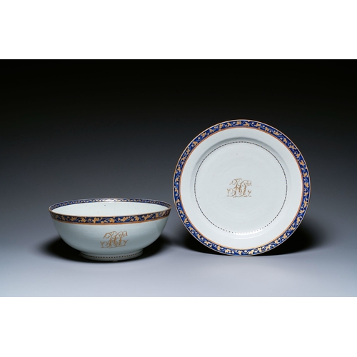 213 - A large Chinese monogrammed export porcelain punchbowl and dish, Qianlong/JiaqingDescription:Dia.: 4... 