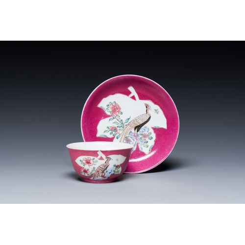 224 - A Chinese famille rose ruby-pink-ground 'pheasants' cup and saucer, YongzhengDescription:Dia.: 11,5 ... 