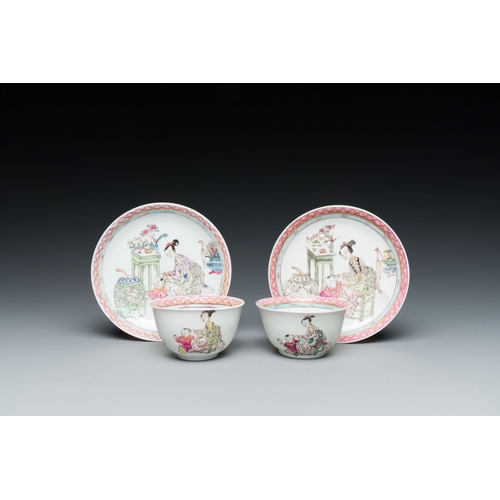 228 - A pair of Chinese famille rose cups and saucers with a lady and a boy, YongzhengDescription:Dia.: 11... 