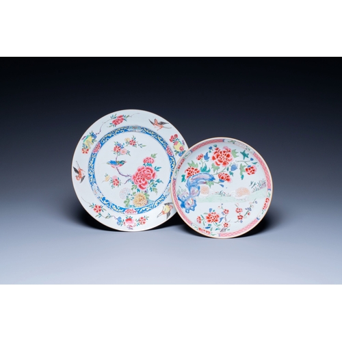 254 - A Chinese famille rose 'birds' dish and a 'quails' plate, Yongzheng/QianlongDescription:Dia.: 28 cm ... 