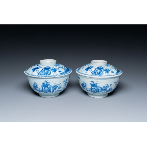 259 - A pair of Chinese blue and white bowls and covers with narrative deisgn, Kangxi/YongzhengDescription... 