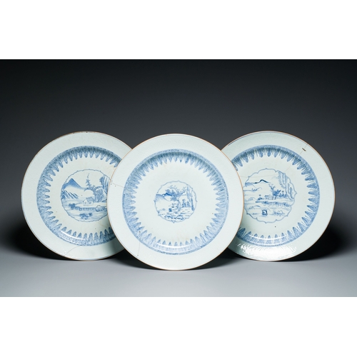 268 - Three Chinese blue and white anhua-decorated dishes with landscape medallions, YongzhengDescription:... 