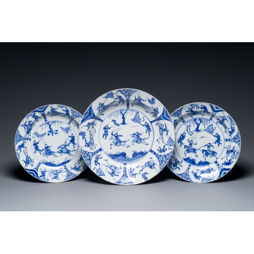 293 - Three large deep Chinese blue and white 'hunting scene' dishes, Chenghua mark, KangxiDescription:Dia... 