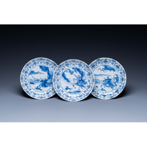 295 - Three Chinese blue and white 'Mongolian hunt' plates, Chenghua mark, KangxiDescription:Dia.: 20 cmCo... 