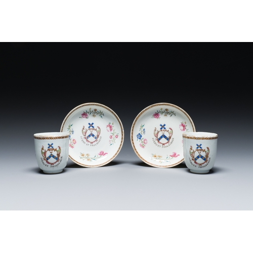 209 - A pair of Chinese famille rose English market cups and saucers with the arms of Pringle of Whytbank,... 