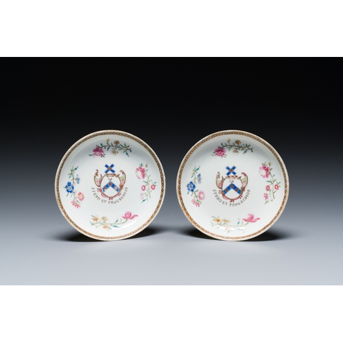 209 - A pair of Chinese famille rose English market cups and saucers with the arms of Pringle of Whytbank,... 