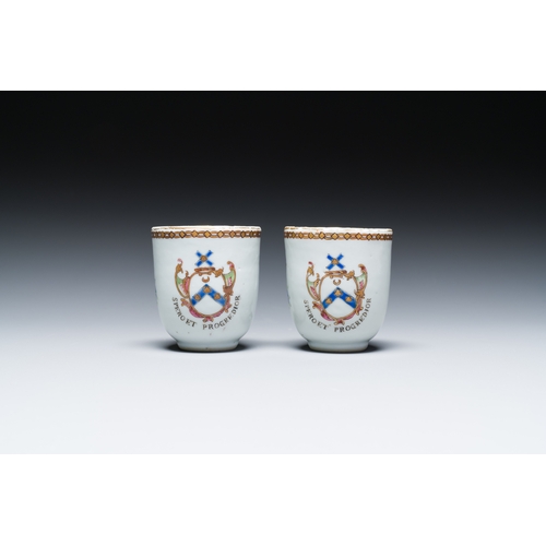 209 - A pair of Chinese famille rose English market cups and saucers with the arms of Pringle of Whytbank,... 