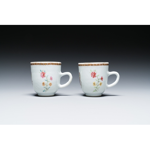 209 - A pair of Chinese famille rose English market cups and saucers with the arms of Pringle of Whytbank,... 