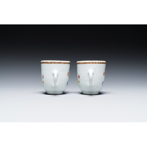 209 - A pair of Chinese famille rose English market cups and saucers with the arms of Pringle of Whytbank,... 