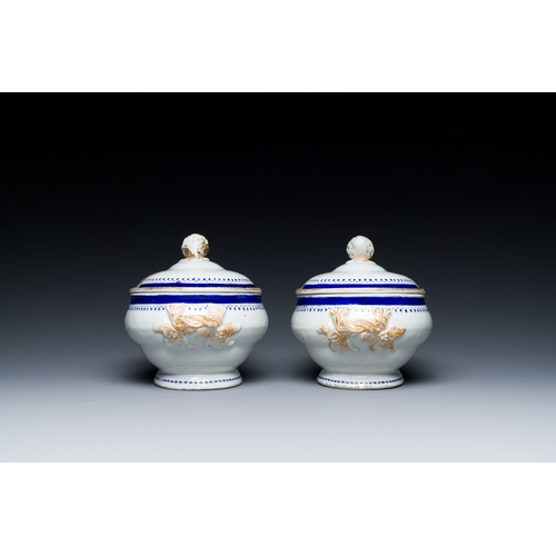 211 - A pair of Chinese famille rose tureens and covers for the English market with the arms of Kenyon imp... 