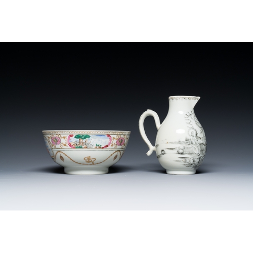 212 - A Chinese grisaille 'Crucifixion' jug and a bowl for the American market, QianlongDescription:Dia.: ... 