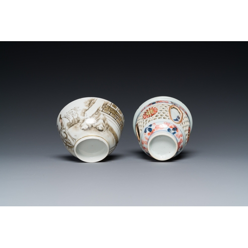 215 - A Chinese Imari-style double-walled reticulated cup and a grisaille and gilt cup, Kangxi/QianlongDes... 