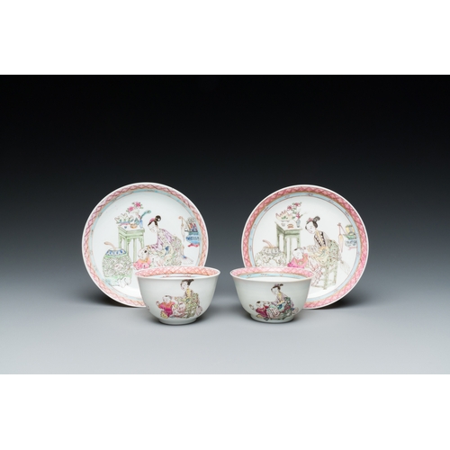 228 - A pair of Chinese famille rose cups and saucers with a lady and a boy, YongzhengDescription:Dia.: 11... 