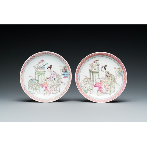 228 - A pair of Chinese famille rose cups and saucers with a lady and a boy, YongzhengDescription:Dia.: 11... 