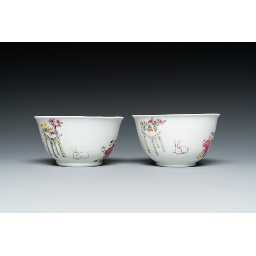 228 - A pair of Chinese famille rose cups and saucers with a lady and a boy, YongzhengDescription:Dia.: 11... 