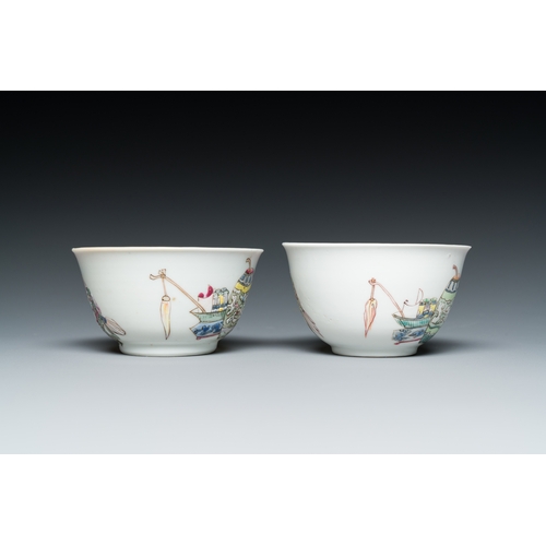 228 - A pair of Chinese famille rose cups and saucers with a lady and a boy, YongzhengDescription:Dia.: 11... 