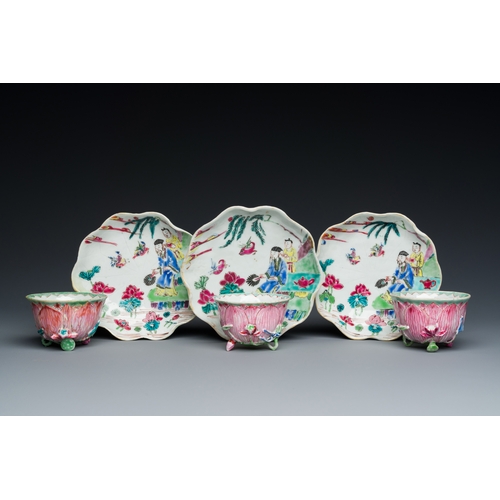 232 - Three Chinese relief-decorated famille rose 'lotus' cups and saucers with a scholar and his servant,... 