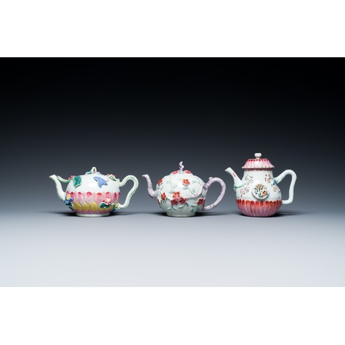 247 - Three Chinese famille rose teapots and covers with applied floral design, YongzhengDescription:H.: 1... 