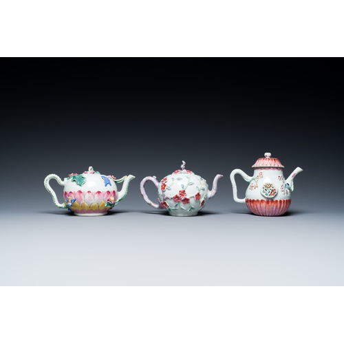 247 - Three Chinese famille rose teapots and covers with applied floral design, YongzhengDescription:H.: 1... 