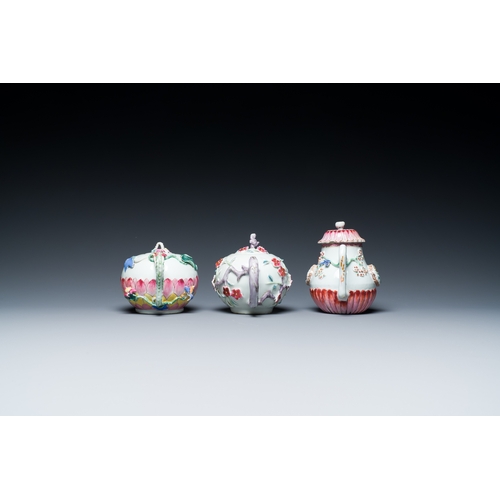 247 - Three Chinese famille rose teapots and covers with applied floral design, YongzhengDescription:H.: 1... 