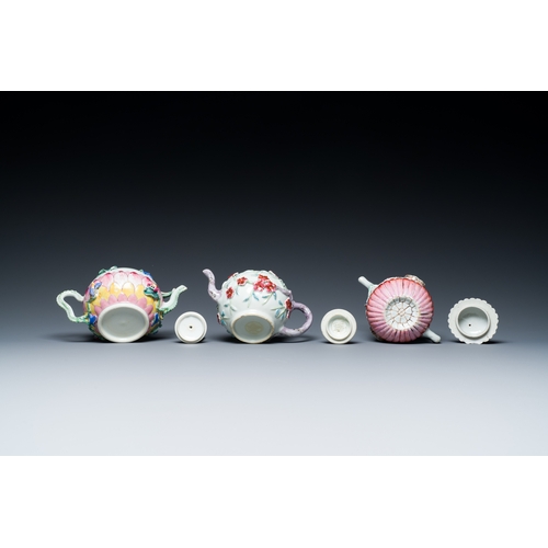 247 - Three Chinese famille rose teapots and covers with applied floral design, YongzhengDescription:H.: 1... 