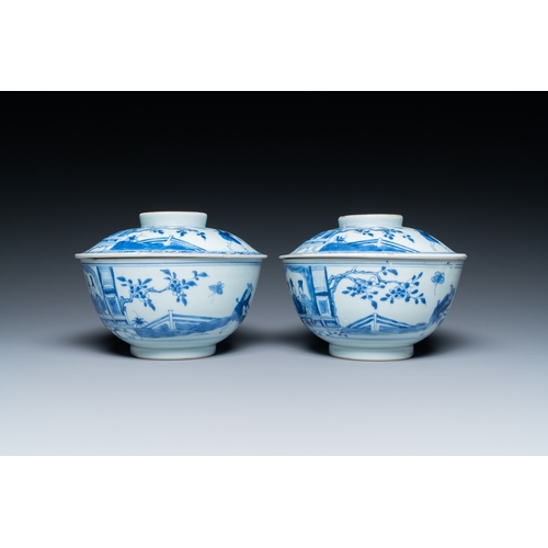 259 - A pair of Chinese blue and white bowls and covers with narrative deisgn, Kangxi/YongzhengDescription... 