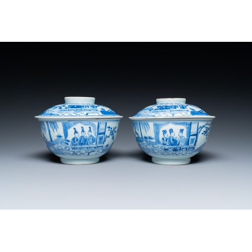 259 - A pair of Chinese blue and white bowls and covers with narrative deisgn, Kangxi/YongzhengDescription... 