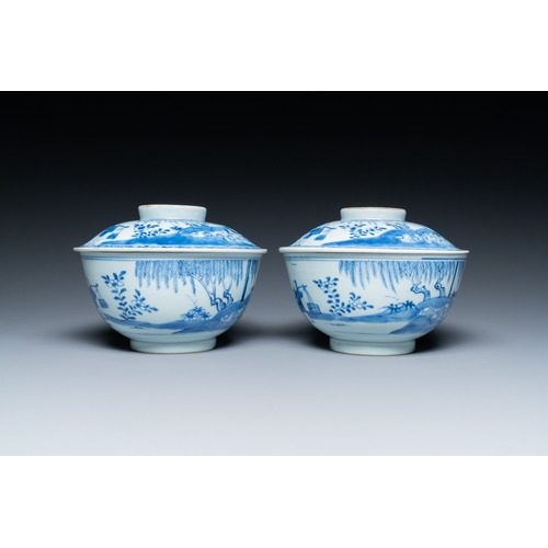 259 - A pair of Chinese blue and white bowls and covers with narrative deisgn, Kangxi/YongzhengDescription... 