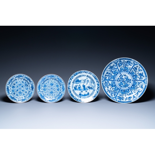 262 - A Chinese blue and white dish and three plates, Kangxi/YongzhengDescription:Dia.: 35,5 cm (the dish)... 