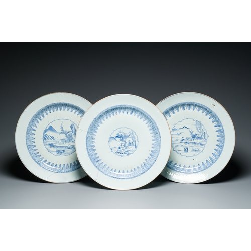 268 - Three Chinese blue and white anhua-decorated dishes with landscape medallions, YongzhengDescription:... 