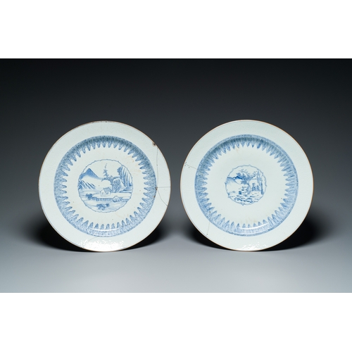 268 - Three Chinese blue and white anhua-decorated dishes with landscape medallions, YongzhengDescription:... 