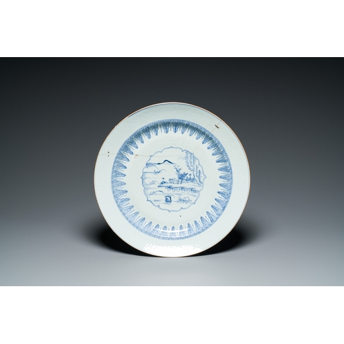 268 - Three Chinese blue and white anhua-decorated dishes with landscape medallions, YongzhengDescription:... 