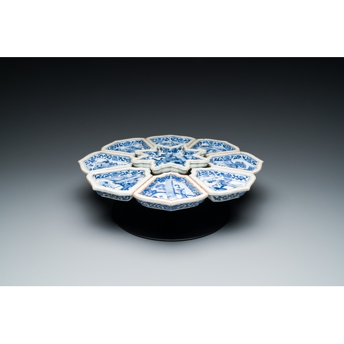 288 - An exceptional Chinese blue and white nine-piece sweetmeat set, KangxiDescription:Dia.: 36,5 cm (the... 