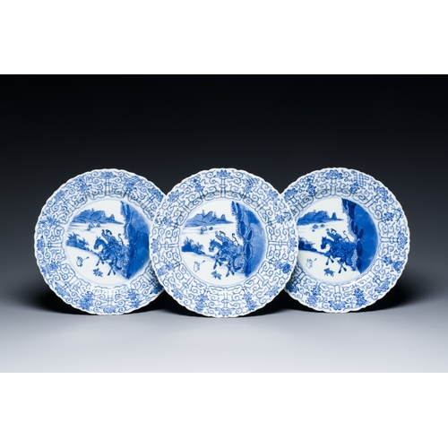 294 - Three Chinese blue and white 'Mongolian hunt' dishes, Chenghua mark, KangxiDescription:Dia.: 26 cmCo... 