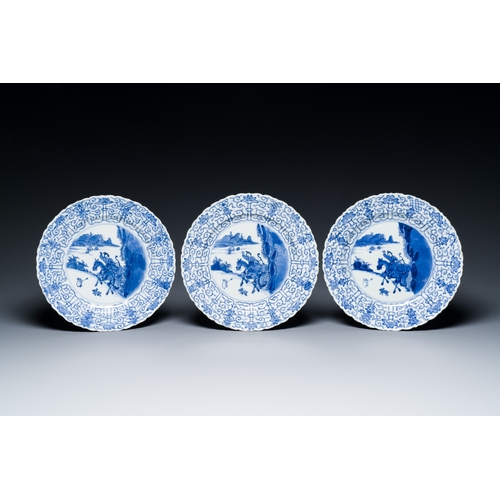 294 - Three Chinese blue and white 'Mongolian hunt' dishes, Chenghua mark, KangxiDescription:Dia.: 26 cmCo... 