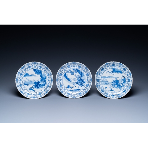 295 - Three Chinese blue and white 'Mongolian hunt' plates, Chenghua mark, KangxiDescription:Dia.: 20 cmCo... 