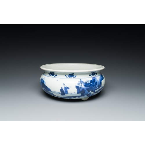 307 - A Chinese blue and white tripod censer with figures in a mountainous landscape, KangxiDescription:Di... 