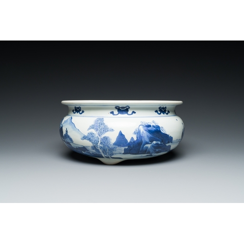 307 - A Chinese blue and white tripod censer with figures in a mountainous landscape, KangxiDescription:Di... 