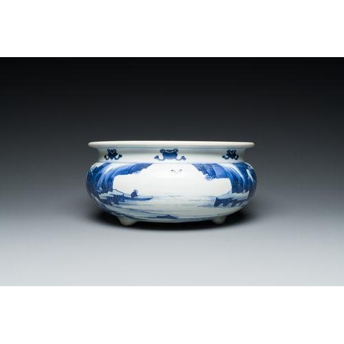 307 - A Chinese blue and white tripod censer with figures in a mountainous landscape, KangxiDescription:Di... 