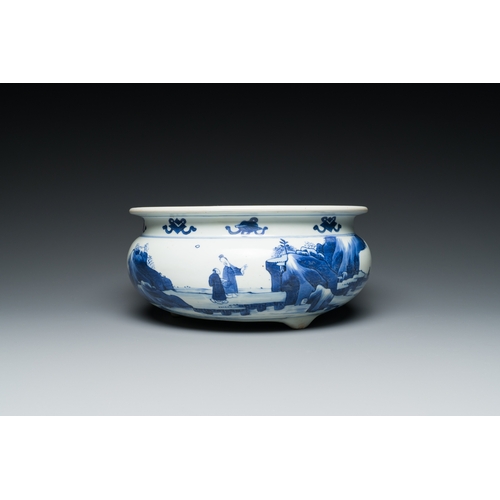 307 - A Chinese blue and white tripod censer with figures in a mountainous landscape, KangxiDescription:Di... 