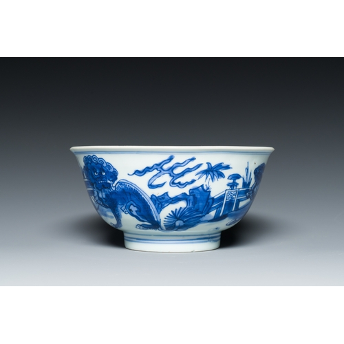 312 - A Chinese blue and white 'mythical beasts' bowl, Shen De Tang Zhi mark, KangxiDescription:Dia.: 15 c... 