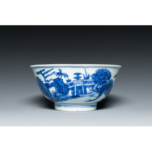 312 - A Chinese blue and white 'mythical beasts' bowl, Shen De Tang Zhi mark, KangxiDescription:Dia.: 15 c... 