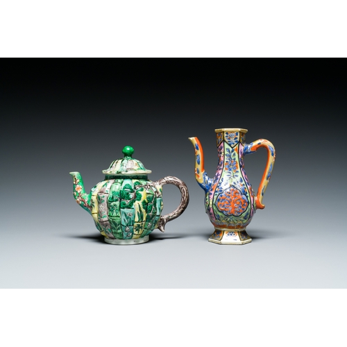 328 - A Chinese clobbered blue and white ewer, a plate and a verte biscuit teapot, KangxiDescription:Dia.:... 