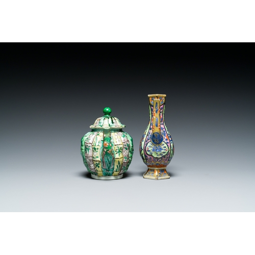 328 - A Chinese clobbered blue and white ewer, a plate and a verte biscuit teapot, KangxiDescription:Dia.:... 