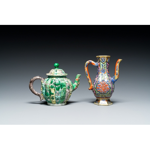 328 - A Chinese clobbered blue and white ewer, a plate and a verte biscuit teapot, KangxiDescription:Dia.:... 