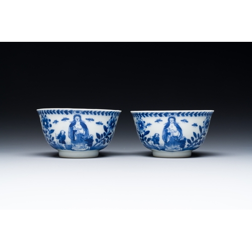 351 - Nine Chinese blue and white 'Madonna and Child' saucers and two cups, KangxiDescription:Dia.: 14 cm ... 