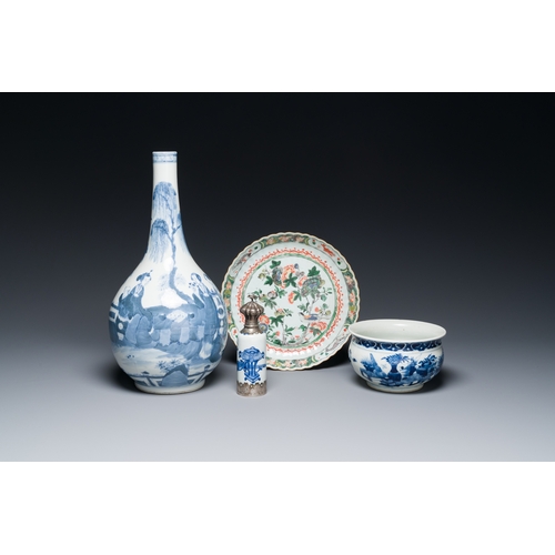 353 - A Chinese blue and white bottle vase, a censer, a bottle and a famille verte plate, Kangxi and later... 