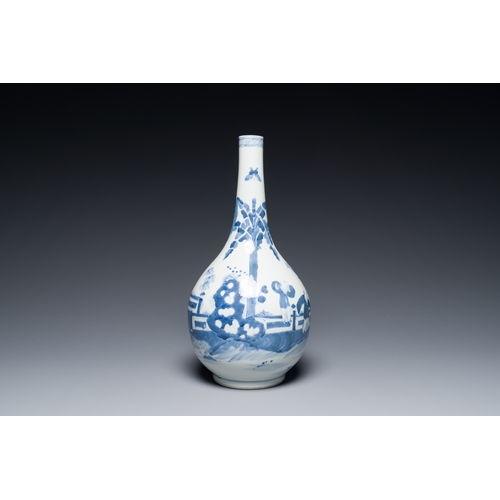 353 - A Chinese blue and white bottle vase, a censer, a bottle and a famille verte plate, Kangxi and later... 