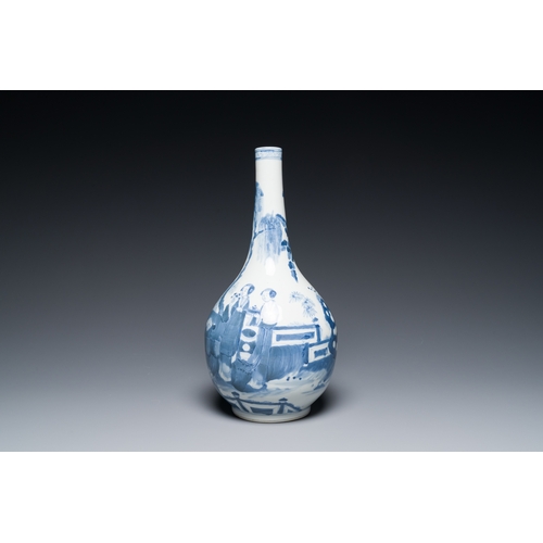 353 - A Chinese blue and white bottle vase, a censer, a bottle and a famille verte plate, Kangxi and later... 