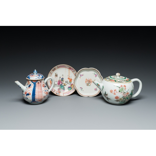 354 - Two Chinese famille verte and Imari-style teapots and two saucers, Kangxi and laterDescription:L.: 2... 